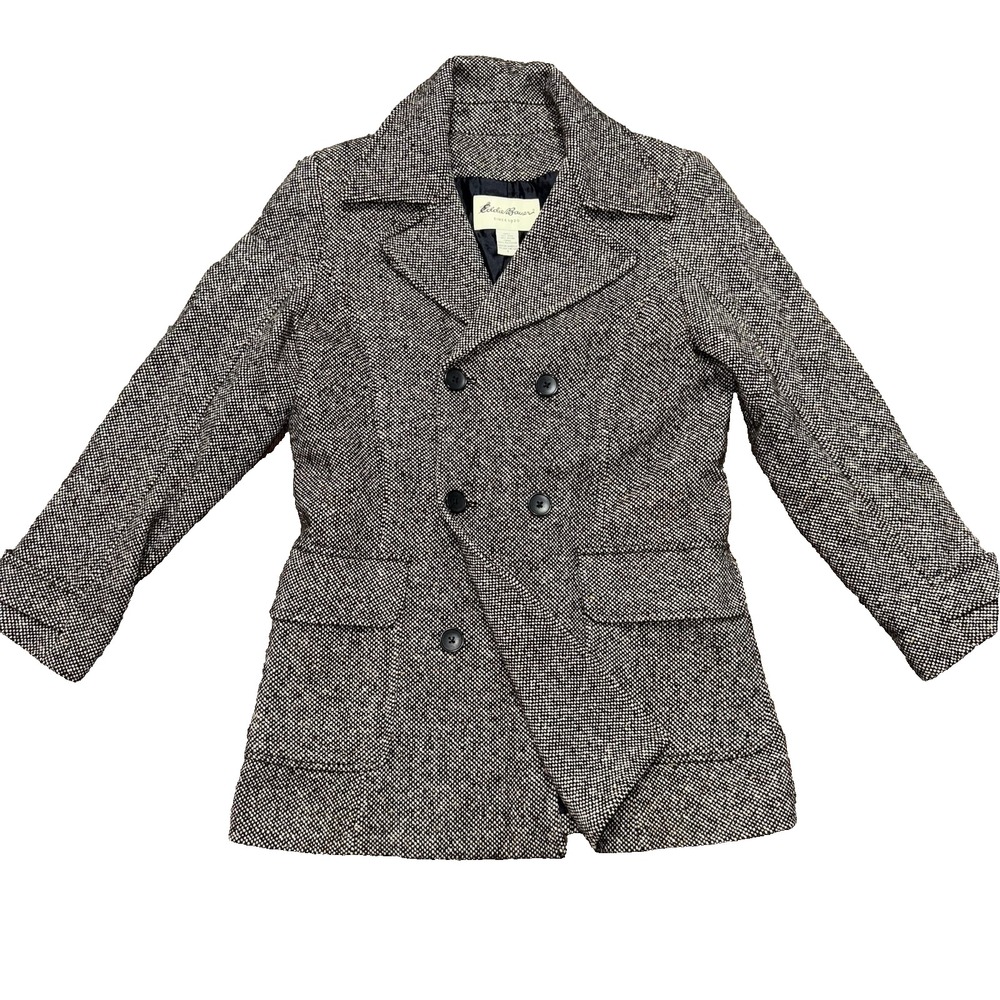 Eddie Bauer Women Pea Coat Double Breasted Tweed Wool Brown Gray Size Small VTG